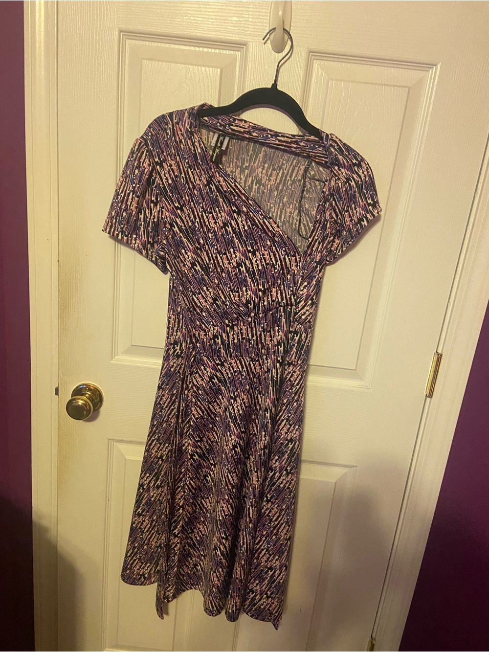Purple Printed Faux-Wrap Midi Dress